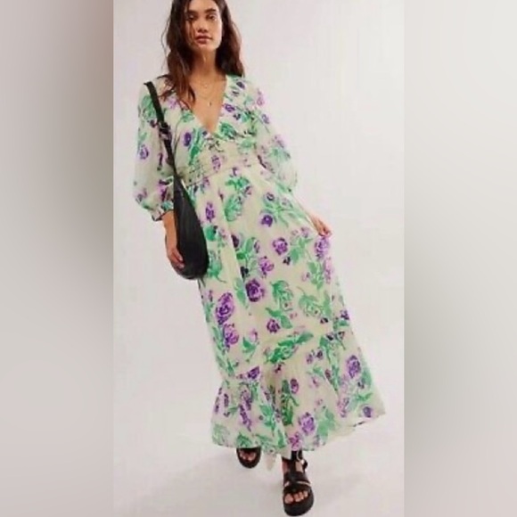 Free people golden hour maxi Floral Green and Purple Women's Dress. NWOT - Picture 3 of 7